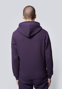 Purple hooded sweatshirt featuring a standard fit, smooth texture, ribbed cuffs, and a kangaroo pocket, shown from the back.