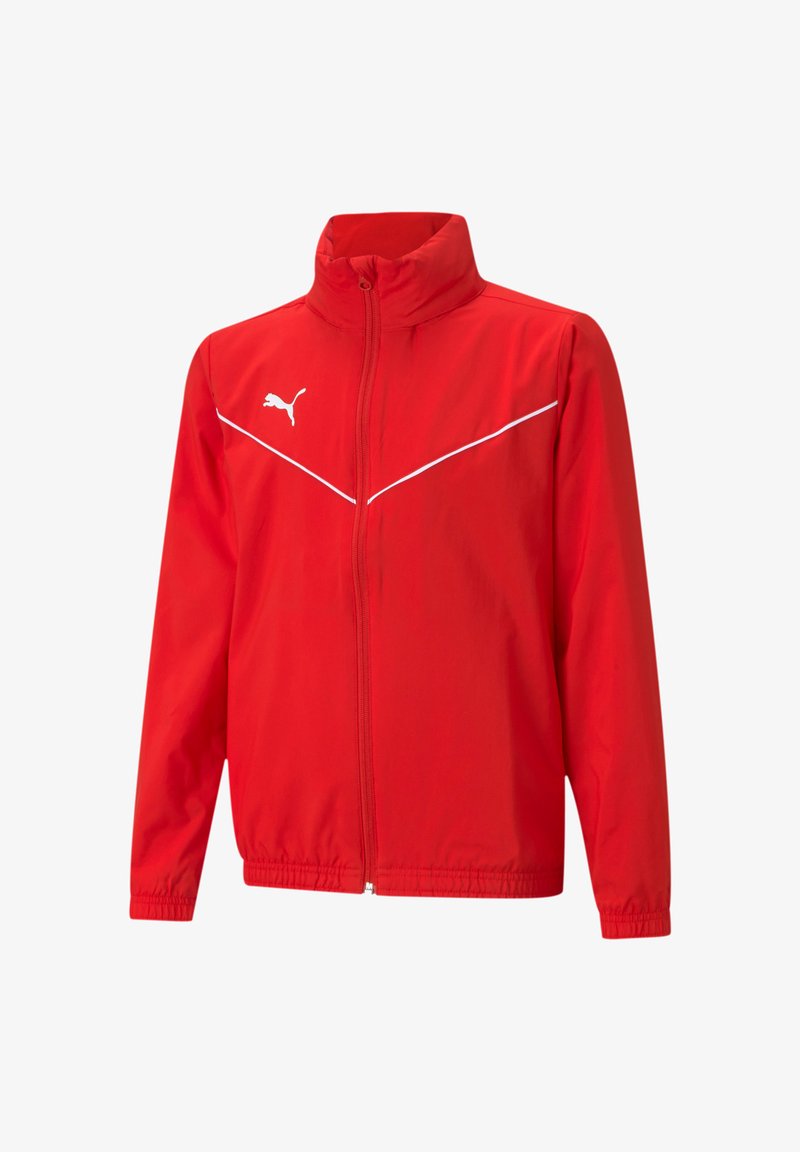 Rode windbreaker jas gemaakt van een gladde, lichte stof. Heeft een hoge kraag, ritssluiting en witte accentstrepen. Puma-logo aanwezig.