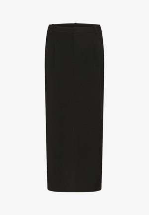 Black pencil skirt with a straight silhouette, made of solid fabric, featuring front pleats and a low waistband. No visible fastenings.