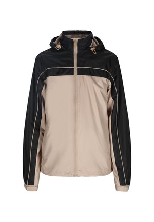 Zweifarbige Jacke mit einem schwarzen Oberteil und einem beigen unteren Abschnitt. Aus leichtem Material mit einem Reißverschluss vorn und Kapuze gefertigt.
