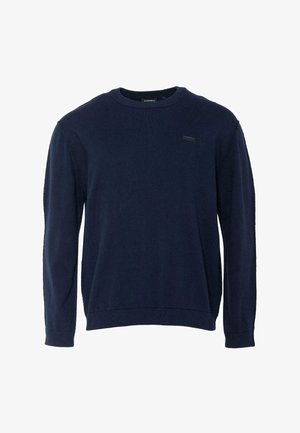 Tumesinine kampsun, ümar kaelus, pikad varrukad, pehme tekstuur, lõdvestunud lõige, rinnal väikese ja diskreetse logomärgiga.