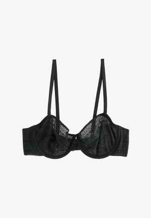 Czarny koronkowy stanik z fiszbinami, z regulowanymi ramiączkami oraz kokardką z przodu. Wzór teksturowany na całej powierzchni. Klasyczny design.