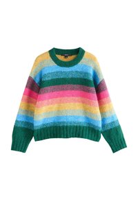 Gestreifter Pullover mit Rundhalsausschnitt, in den Farben Grün, Gelb, Pink und Blau. Aus einem strukturierten Strickstoff gefertigt.