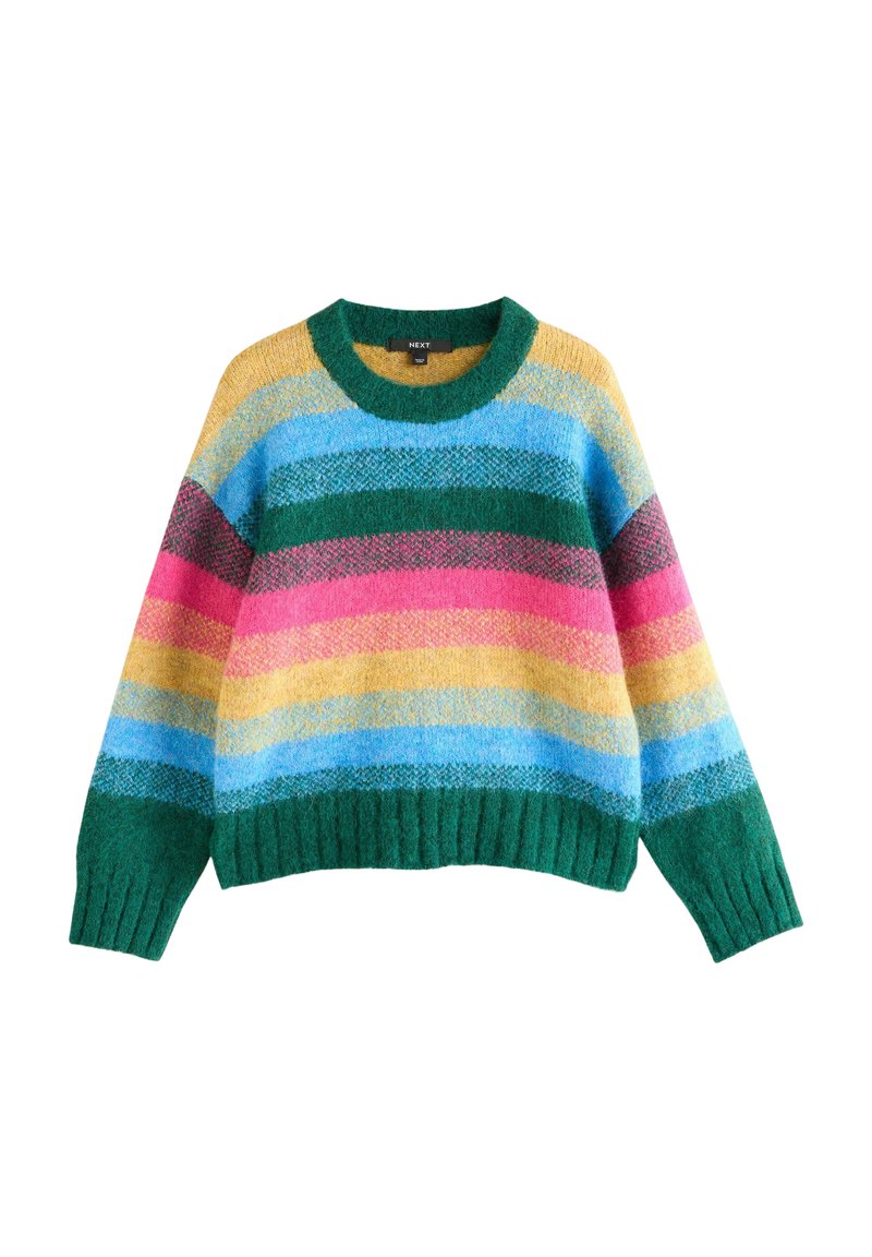 Gestreifter Pullover mit Rundhalsausschnitt, in den Farben Grün, Gelb, Pink und Blau. Aus einem strukturierten Strickstoff gefertigt.