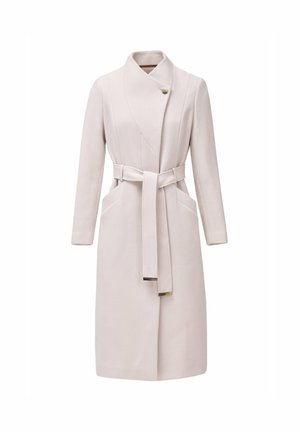 Light pink coat with a wrap design, long sleeves, front pockets, and a belt. Features a smooth texture and a single button accent.