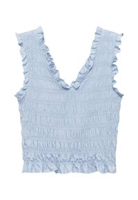 Ljusblå ärmlös topp med v-ringning, som har volangdetaljer och en smockad textur längs bodice och fåll.