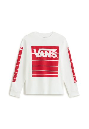 Maglietta bianca a maniche lunghe con logo Vans rosso e strisce orizzontali sul davanti e sulle braccia, scritta USA su entrambe le maniche.