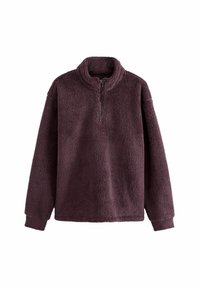 Suzdurta fleeces džemperis, tumši purpursarkans, augsts apkakle ar puszipsi, teksturēts, garas piedurknes ar ribinātiem aprocēm, brīvs piegriezums. Mīksts materiāls.