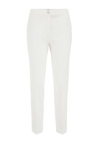 Bílé kalhoty rovného střihu s plochým předním dílem, zapínáním na knoflík a bočními kapsami, vyrobené z hladké, lehké látky.