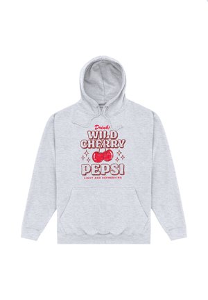 Lys grå hoodie med en frontlomme og rød grafisk tekst "Drink! Wild Cherry Pepsi Light and Refreshing" med to kirsebær.
