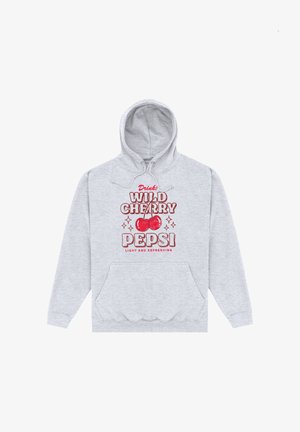 Felpa grigia chiaro con tasca frontale e grafica rossa con testo "Bevi! Wild Cherry Pepsi Leggero e Rinfrescante" con due ciliegie.