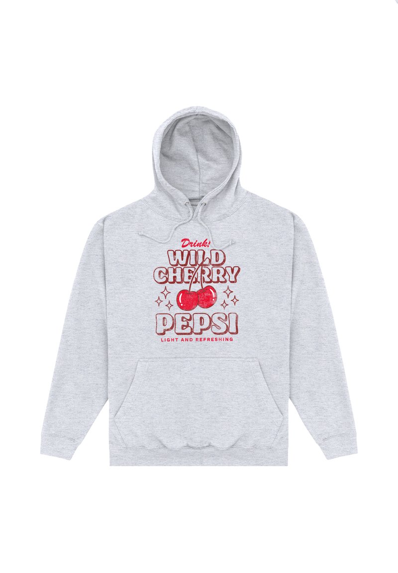 Felpa grigia chiaro con tasca frontale e grafica rossa con testo "Bevi! Wild Cherry Pepsi Leggero e Rinfrescante" con due ciliegie.