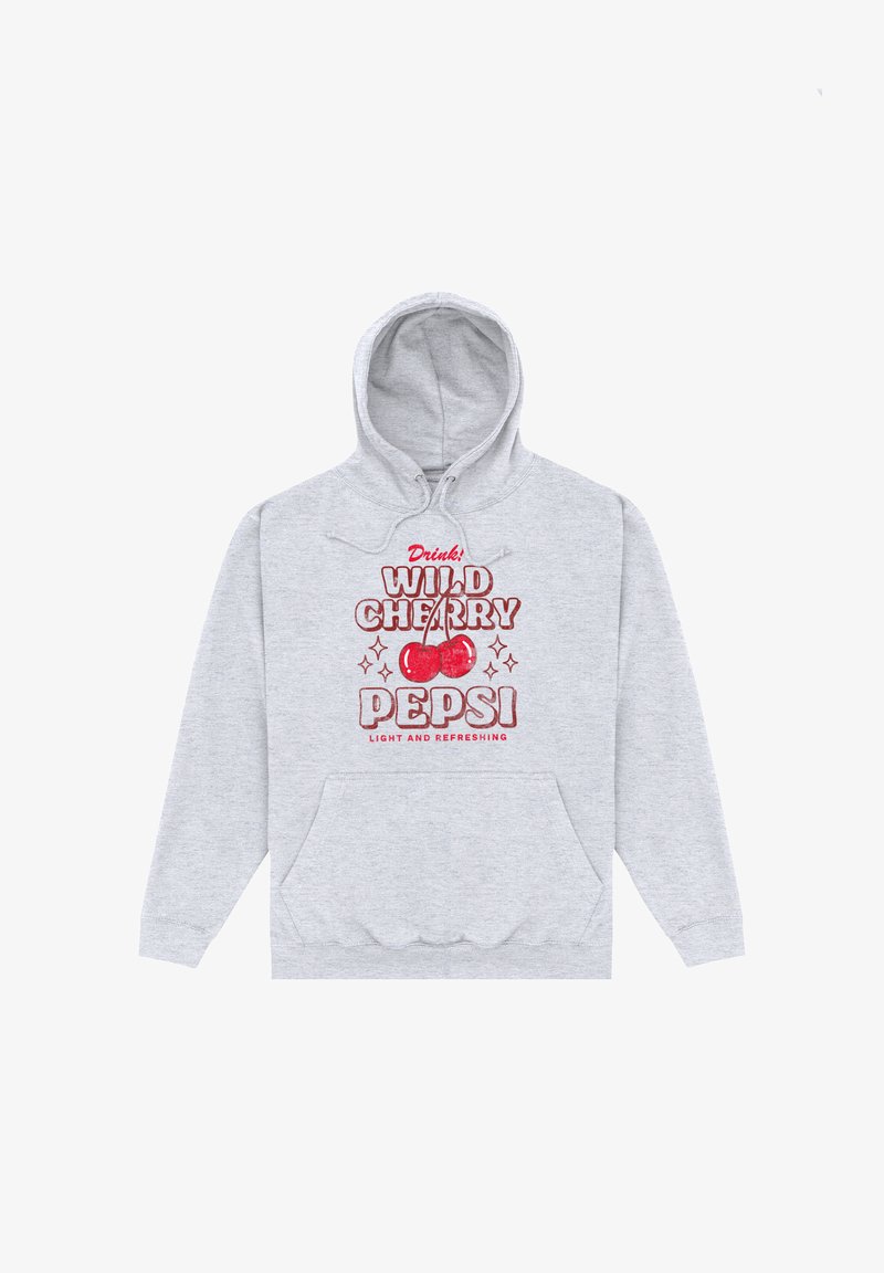 Felpa grigia chiaro con tasca frontale e grafica rossa con testo "Bevi! Wild Cherry Pepsi Leggero e Rinfrescante" con due ciliegie.
