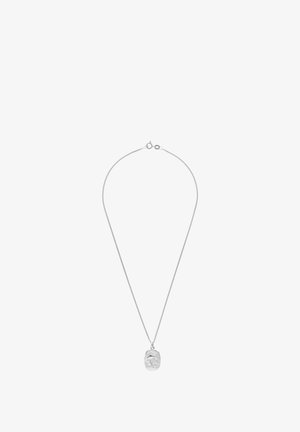 Silver necklace with a thin chain and a textured, irregular oval pendant. The pendant features a subtle, embossed pattern.