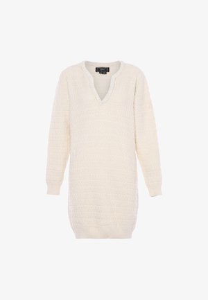 Robe-pull en tricot crème avec un décolleté en V, motif texturé, manches longues et coupe ample. Poignets et ourlet côtelés.
