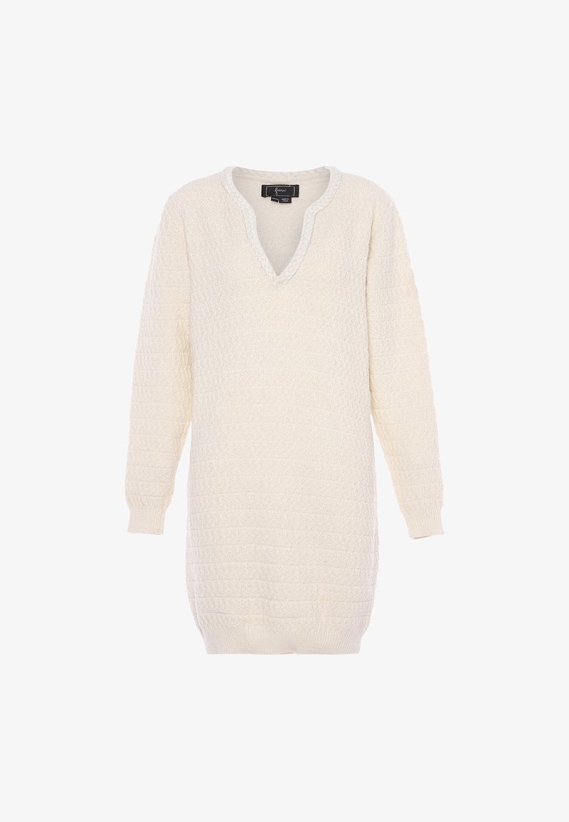 Abito maglione color crema con scollo a V, motivo texturizzato, maniche lunghe e vestibilità ampia. Polsini e orlo a costine.