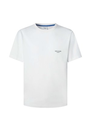T-shirt bianca in cotone a maniche corte, con collo rotondo e dettagli blu all'interno del colletto. Piccolo logo nero con la scritta "PEPE JEANS LONDON" sul davanti.