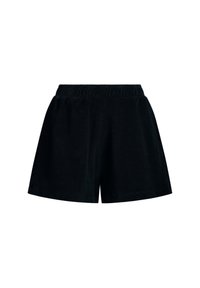 Zwarte shorts van zachte stof, met een elastische tailleband, een losse pasvorm en een gladde textuur. Geen zakken of zichtbare extra details.