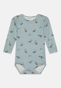 Langermet baby bodysuit i lys blå, med forskjellige dinosaurtrykk. Mykt stoff, rund hals og trykknapplukking nederst.