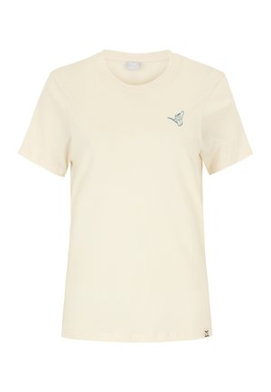 Cremefarbenes T-Shirt mit kurzen Ärmeln, rundem Ausschnitt und kleinem grünem Gießkannen-Motiv auf der linken Brust.