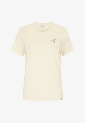 Cream-colored short-sleeve T-shirt with round neckline and small green watering can graphic on left chest.