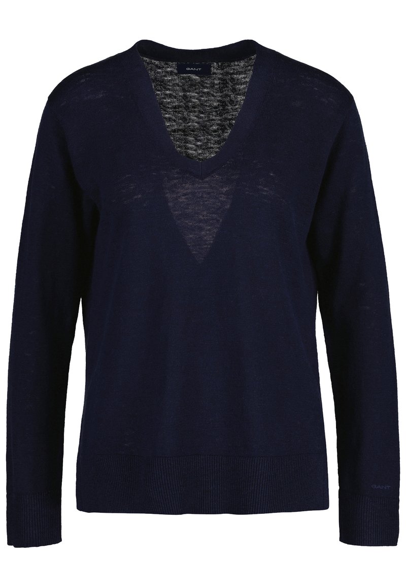 Marineblaues V-Ausschnitt-Pullover mit langen Ärmeln, aus leichtem, strukturiertem Material, mit geripptem Saum und Bündchen für zusätzlichen Detail.