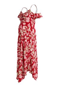 Rode bloemenjurk met off-shoulder ontwerp, spaghettibandjes, asymmetrische zoom en een lichte, luchtige stof met roze en groene bloemen.