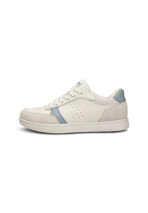 White sneaker with light gray suede accents, perforated design, and flat laces. Features a textured heel and subtle logo detail on the tongue.