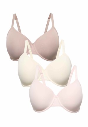 Drei vorgeformte BHs in Beige, Creme und Hellrosa mit verstellbaren Trägern, die sich überlappend auf weißem Hintergrund zeigen.