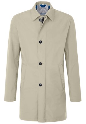 Beiger Trenchcoat mit geradem Schnitt, ausgestattet mit einem Kragen, Vorderknöpfen, zwei Seitentaschen und einem glatten Gewebee.