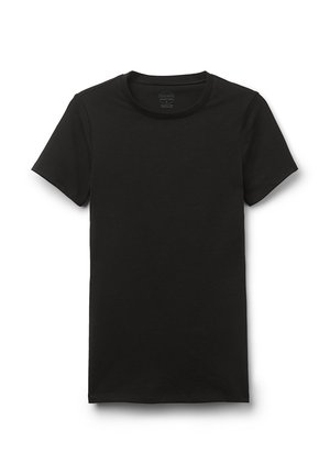 Schwarzes T-Shirt mit kurzen Ärmeln und Rundhalsausschnitt, flachliegend, glatter Stoff, keine sichtbaren Muster oder Logos, isoliert auf weißem Hintergrund.