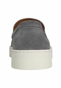 Graues Wildleder-Slipper mit runder Spitze, kontrastierender weißer Sohle und minimalistischem Design. Rückansicht, die die glatte Textur hervorhebt.