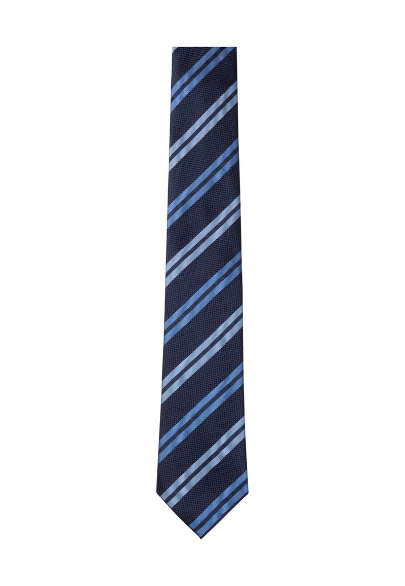 Marineblauer Krawatte mit diagonalen hellblauen und himmelblauen Streifen. Sie hat einen strukturierten Stoff und eine spitze Spitze. Misst die standardmäßige Krawattenlänge.