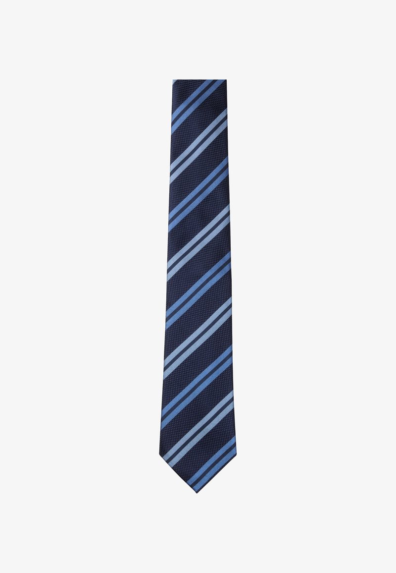 Marineblauer Krawatte mit diagonalen hellblauen und himmelblauen Streifen. Sie hat einen strukturierten Stoff und eine spitze Spitze. Misst die standardmäßige Krawattenlänge.