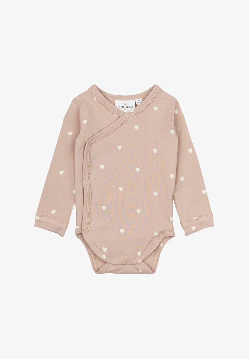 Bodysuit za bebe dugih rukava, u stilu omota, od mekanog, svijetlo ružičastog pamuka s bijelim uzorkom srca i dekorativnim obrubom duž vrata i rukava.