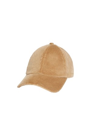 Casquette de baseball en velours côtelé beige avec panneaux cousus et visière incurvée, présentée sur fond blanc.