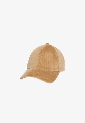Casquette de baseball en velours côtelé beige avec panneaux cousus et visière incurvée, présentée sur fond blanc.