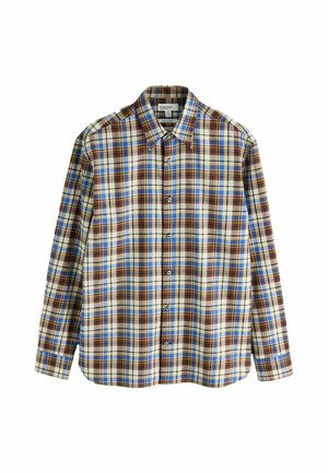 Long-sleeve button-up shirt with blue, brown, yellow, and white plaid pattern and a pointed collar.