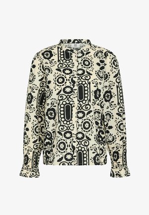 Lange mouw blouse in crème met een zwart bloemen- en geometrisch patroon, met een opstaande kraag en knoopsluiting aan de voorkant.