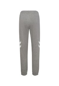 Grå sweatpants tillverkade av ett mjukt material, med resårmidja och vita chevron-accenter på sidorna.