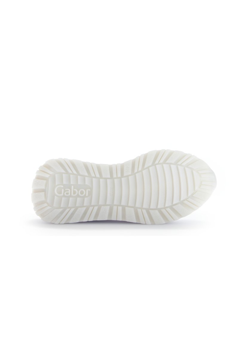 Witte rubberen zool met een textuur, geribbeld patroon en het geperste merklogo "Gabor." Het ontwerp bevat verschillende groeven voor grip.