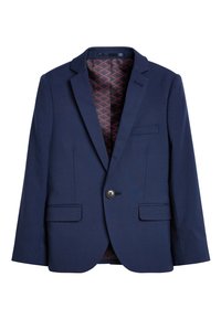 Blazer blu navy con colletto a revers, due tasche frontali, chiusura con un singolo bottone e foderatura a motivo rosso. Tessuto dalla texture liscia.