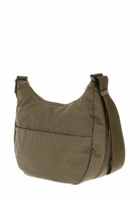 Borsa a spalla in nylon verde oliva con superficie texturizzata, forma curva, tasca laterale con zip e tracolla regolabile. Adatta per l'uso quotidiano.