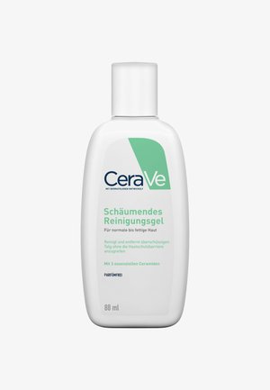 CeraVe foaming gel cleanser in an 88 ml opaque white bottle with a light green accent and a removable white cap. Text in German.