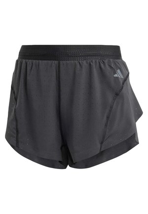 Pantaloni da corsa neri con un design perforato, cintura elastica e cuciture a contrasto. Presenta un logo sottile sul lato.