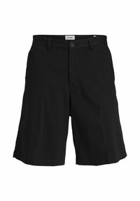 Shorts en coton noir avec une taille plate, un bouton de fermeture et des poches latérales. Conçus avec une coupe droite et une longueur au genou.