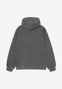 Szara bawełniana bluza z kapturem z kieszenią kangurką, ściągaczami na mankietach i dole, dużym kapturem oraz miękką, szczotkowaną teksturą. Gładki tył bluzy.