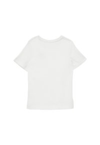 Witte T-shirt met korte mouwen van katoen. Heeft een ronde halslijn en een effen ontwerp zonder patronen of accenten. Achteraanzicht.