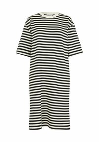 Randig t-shirtklänning med korta ärmar, svart- och vithorisontella ränder, rund halsringning, lös passform och längd till mitten av vaden. Slät textur.