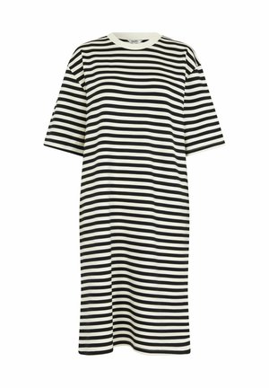 Striped t-shirt dress with short sleeves, black and white horizontal stripes, round neckline, loose fit, and mid-calf length. Smooth texture.